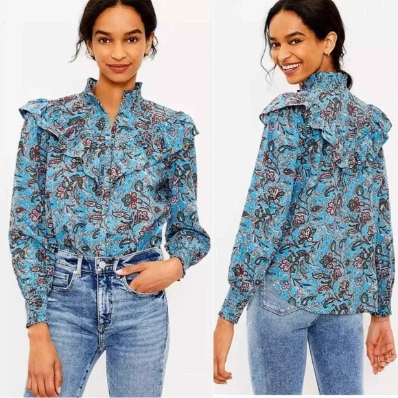 LOFT Blue Paisley Ruffle Yoke Blouse Size Small Button Front - Picture 1 of 12